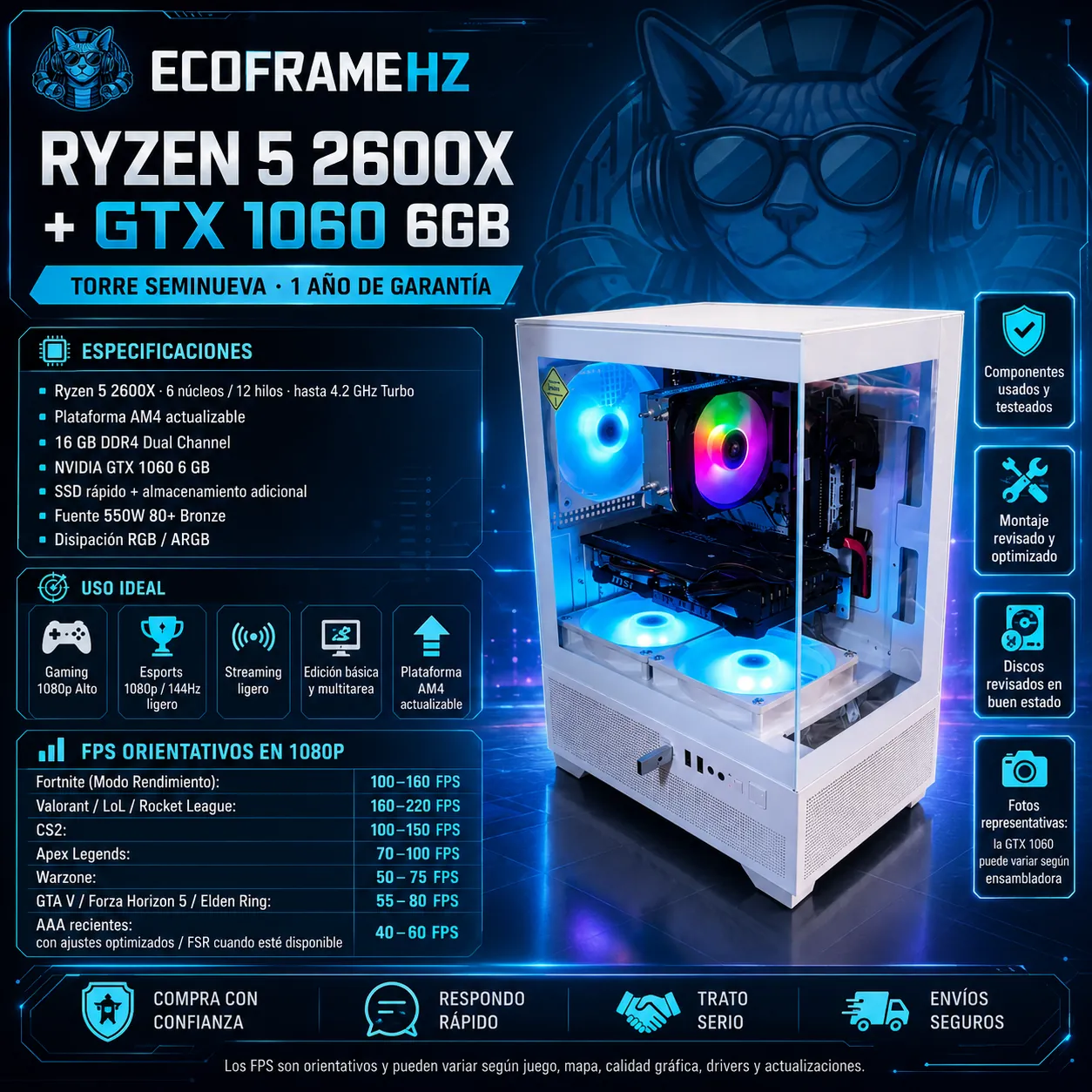 PC gaming seminuevo barato Entry FrameHz — Torre gaming Ryzen 5 2600 + GTX 1060 desde 350 euros con garantía
