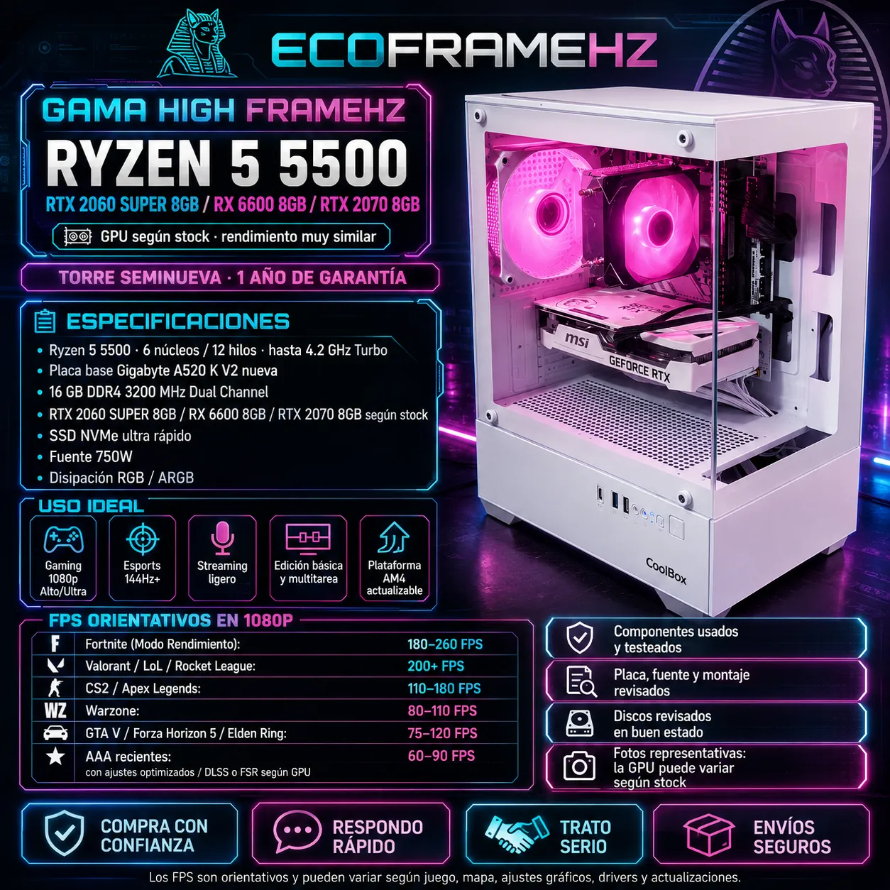 PC gaming reacondicionado High FrameHz — Torre gaming Ryzen 5 5500 + RTX 2060 Super desde 499 euros con garantía