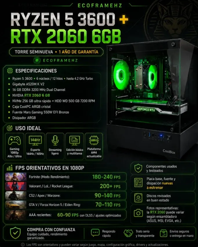 PC gaming seminuevo Mid FrameHz — Torre gaming Ryzen 5 3600 + RTX 2060 desde 420 euros con garantía