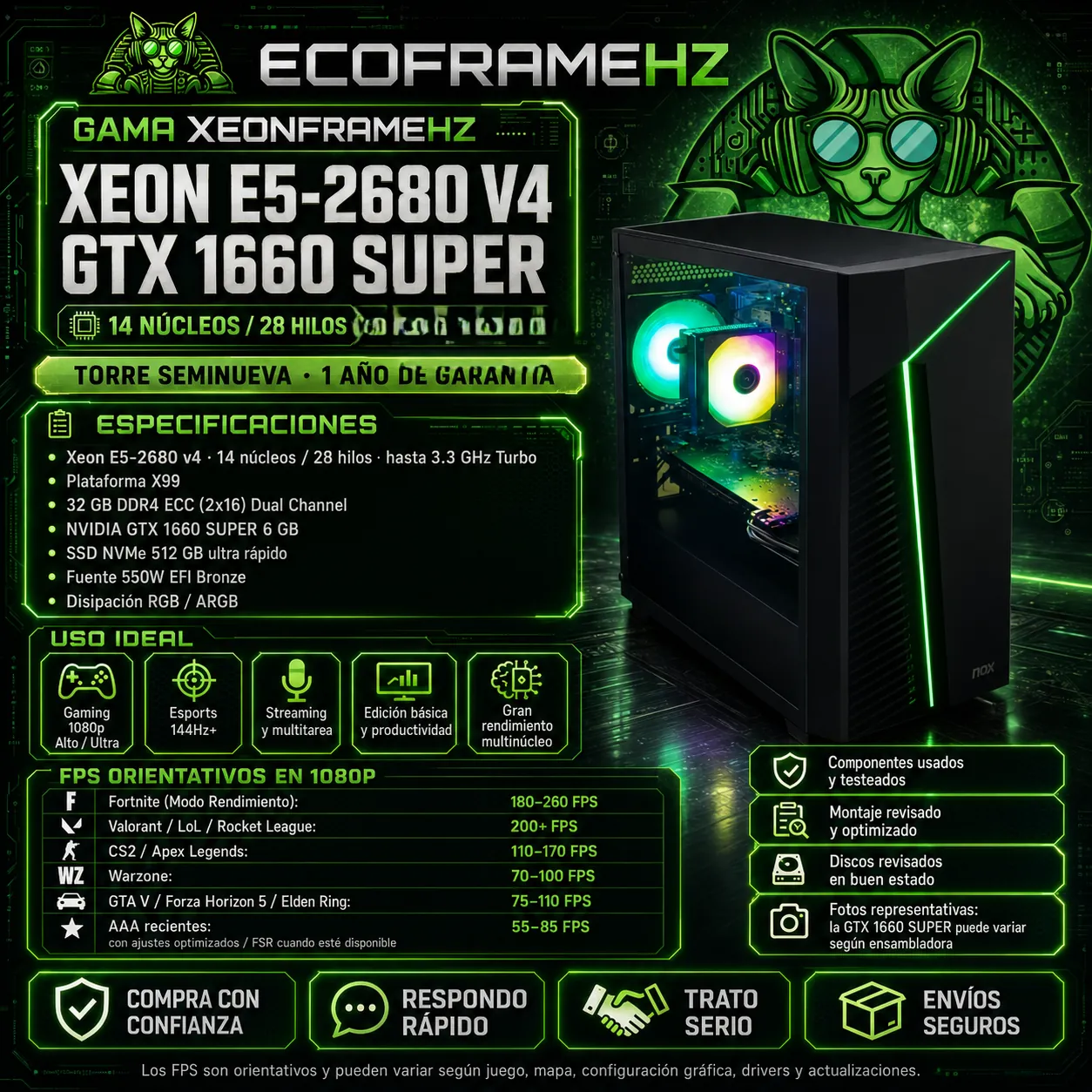 PC gaming económico XeonFrameHz — Torre gaming Xeon E5-2680 V4 + GTX 1660 Super desde 399 euros seminuevo